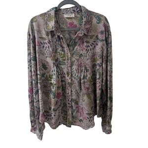 Vintage Goa LG Boho Floral Paisley Pintuck Pleated Button Down Cotton Blouse Top